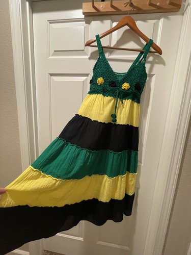 Beach Midi Dress Women Jamaica Boho Crochet Bodice Tiered Festival Sz M Flaws