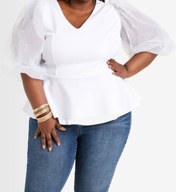 Ashley Stewart Sheer Puff Sleeve Peplum Top 22 24