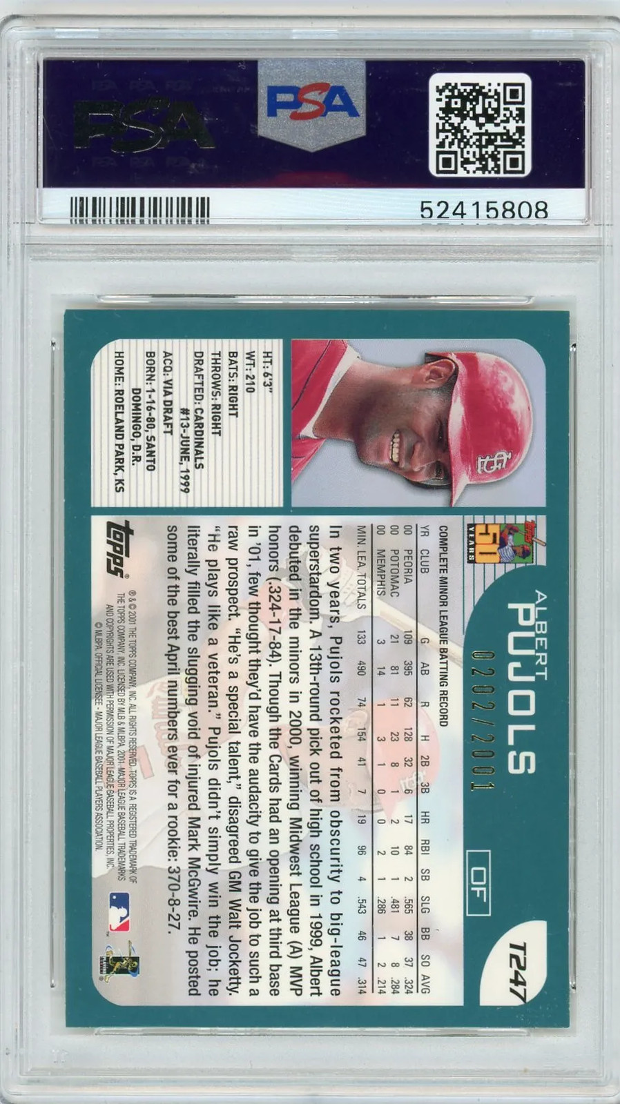 2001 Topps Traded Albert Pujols #T247 Gold PSA 8 view 2