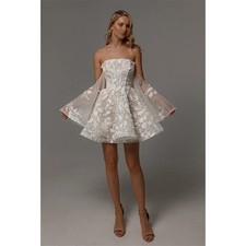 Lace Embroidery Flower Wedding Dress Off Shoulder Detachable Sleeves Mini A-Line