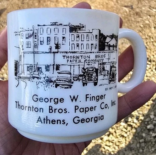 White Milk Glass Mug Vintage George W Finger Thornton Bros Paper Co Athens Ga