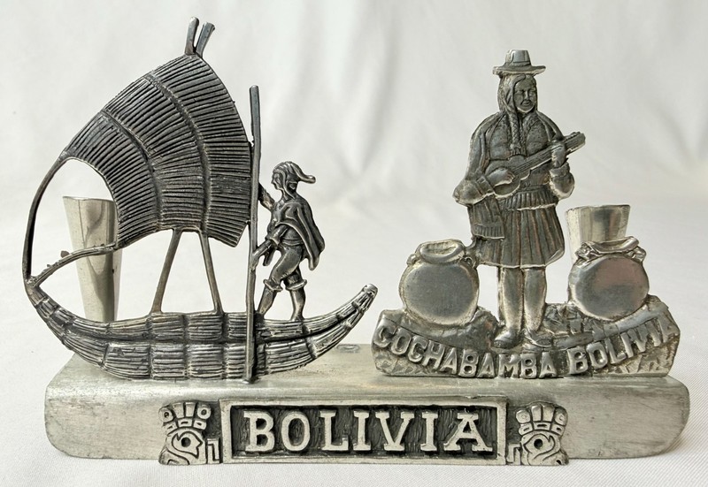 Vintage Cochabamba Bolivia Frasercraft Genuine Pewter 2 Pen Holder Souvenir