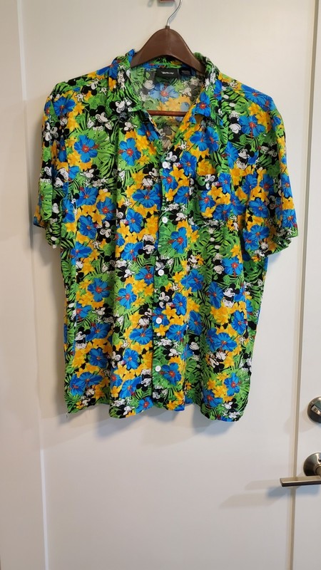 Disney Mickey Mouse Hawaiian Shirt Mens Large Green Button Up Floral  Pocket