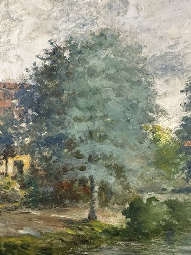 Ancienne huile sur panneau signée : paysage lacustre période impressionniste - Photo 5/12