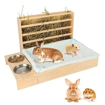 Kaninchenheufutterhaus aus Holz mit Katzentoilette Futterkrippe tragbar Hasenheu