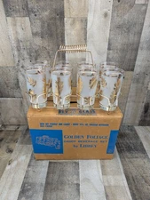 Vintage Libbey Golden Foliage (8) 12 1/2 oz Glasses with Caddy 1950's NOS