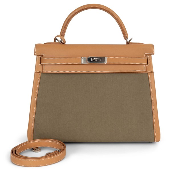 73209 echt HERMES Vachen Naturelle Leder khaki Toile Kelly 32 RETOURNE Tasche Phw