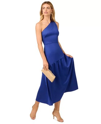 Adrianna Papell  Satin Tea-Length One-Shoulder Dress - Royal Sapphire - 12 NWOT