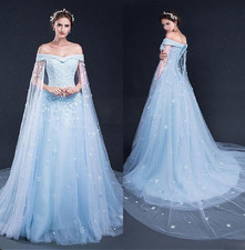 Elegant Blue Wedding Dresses with Cape Lace Appliques A Line Tulle Bridal Gowns
