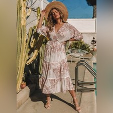 LOVESTITCH Follow Me Boho Maxi Dress Small Floral Pink Coquette Cottagecore