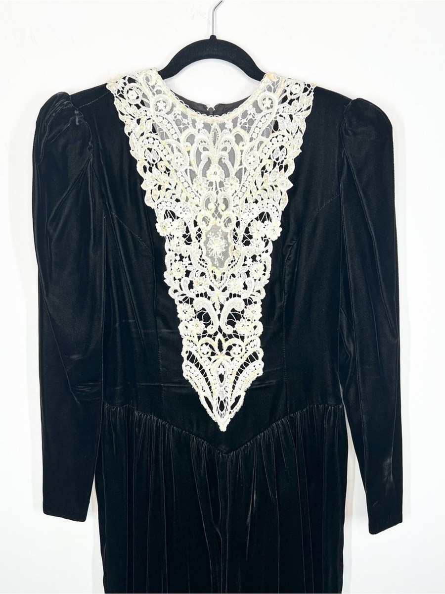 VTG Jessica McClintock Black Velvet Victorian Lace Bib Dress Romantic Goth 12