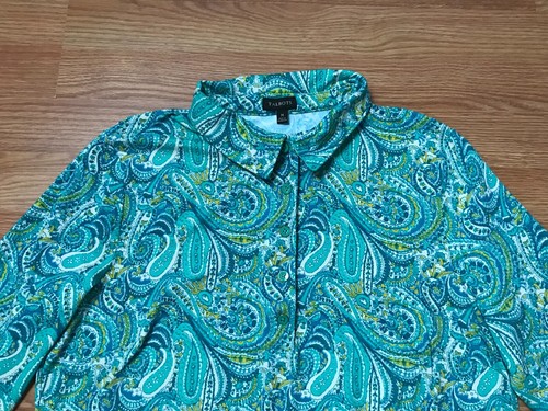 Talbots Collared Shirt Womens M Blue Green Paisley 1/4 Button Stretch Nylon Blen - Picture 2 of 12