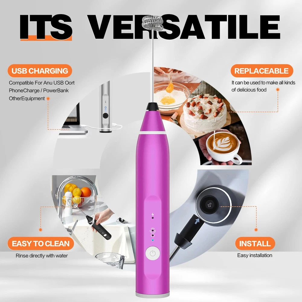 Milk Frother Rechargeable Handheld Electric Whisk Coffee Frother Mixer with 3...