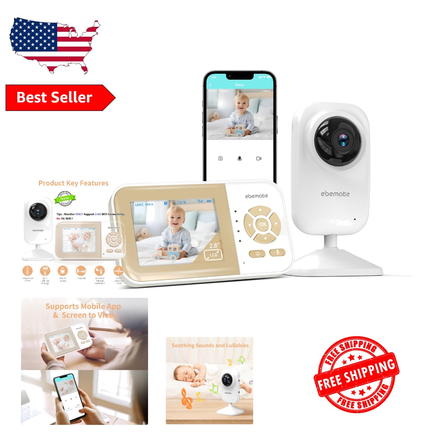 Smart Baby Monitor Camera with Lullabies, Night Vision, and 1200ft Wireless Range-image