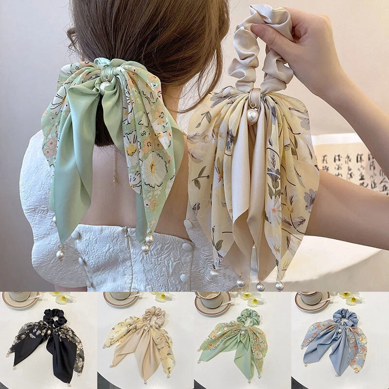 Cinta Larga Scrunchies Lazo Floral Elástico Cola de Caballo Bufanda Cuerda para el Pelo Corbata Accesorio↟ Foto 2 de 4