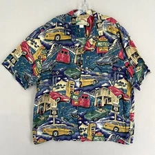 Vintage Paradise Found Hawaiian Camp Shirt Size XL Route 66 Classic Cars Print