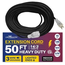 50ft Power Outdoor Extension Cord & Indoor - Waterproof Electric Drop Cord Cable