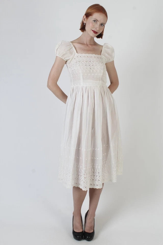 Vtg 40s White Edwardian Dress Embroidered Eyelet Victorian Sheer Antique Gown - Image 4 of 4