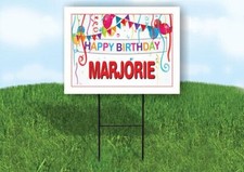MARJORIE HAPPY BIRTHDAY BALLOONS 18 in x 24 in Yard Sign Road Sign with Stand