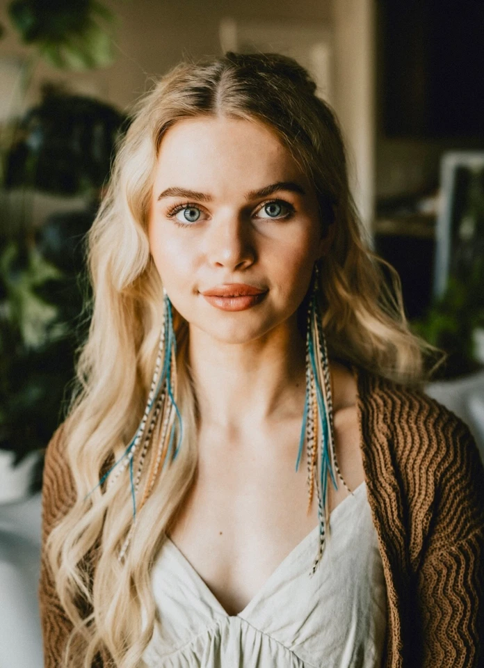 Pendientes largos de plumas personalizados inspirados en Owlita turquesa y grizzly Foto 3 de 3