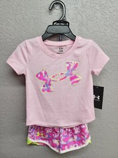 Under Armour Little Girls 24mo Tshirt/Short Set - Pink/Neon Colors Logo NEW TAGS