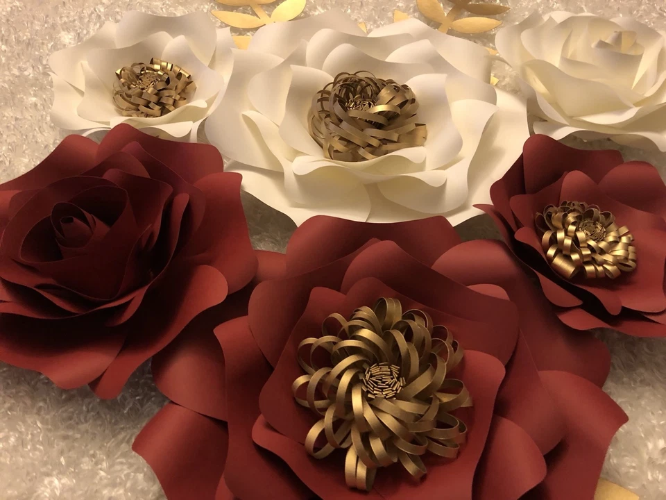 Бумажные цветы набор из 6 с листьями, фон, свадьба, детская, красный, белый, золотой - Изображение 3 из 3