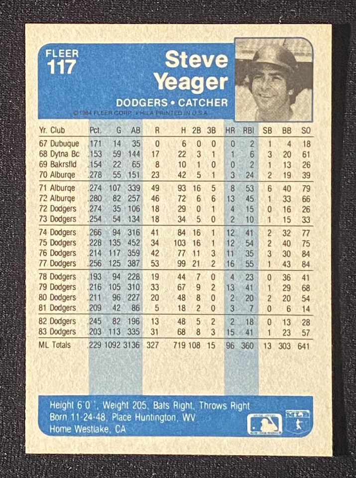 Steve Yeager 1984 MLB Los Angeles Dodgers Catcher Baseball  Card Fleer #117 - Image 2 of 2