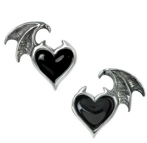 Alchemy Gothic Blacksoul Demon Wing Black Heart Stud Earrings