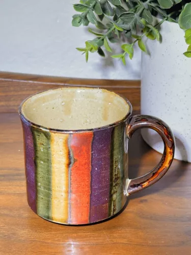 Vintage Retro Studio Handmade Ceramic Mug Multicolored Drip Glaze Japan Striped