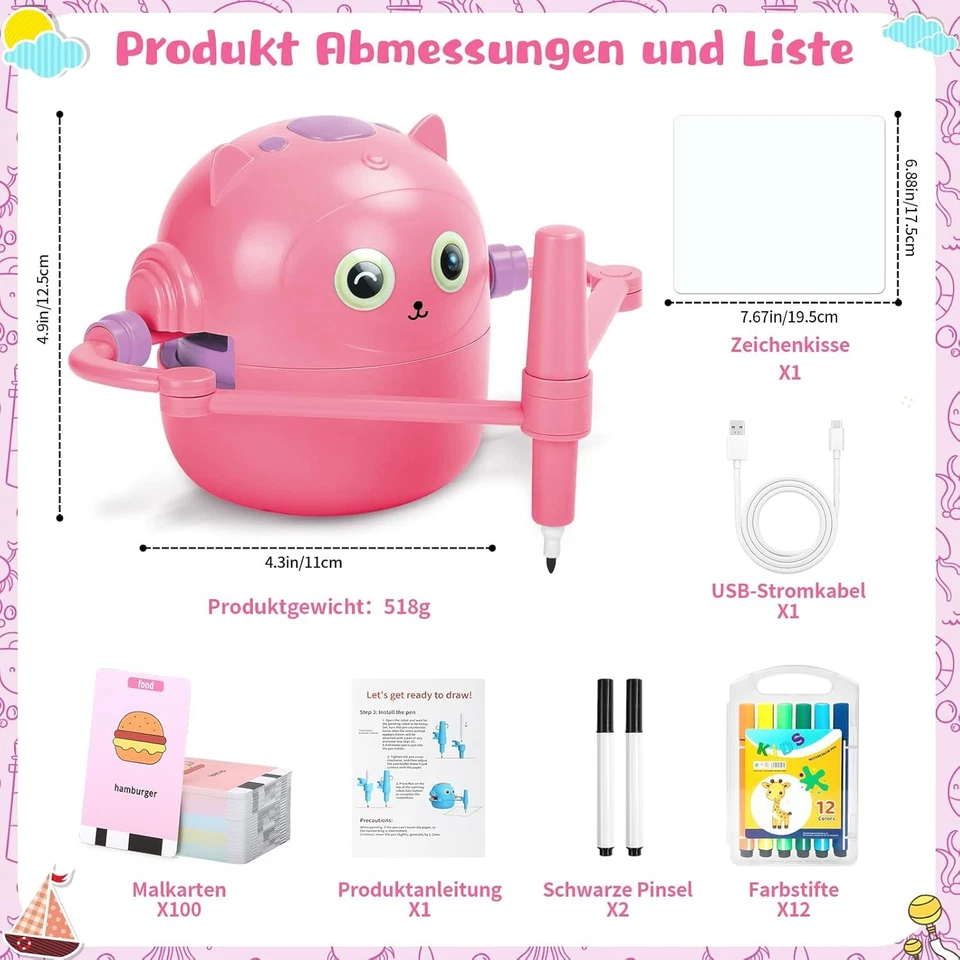 Malroboter Kinder mit Stift & 100 Karten Zeichenroboter Lernspielzeug Rosa ab 3J - Bild 2 von 4