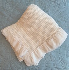 Vintage Cream Baby Blanket Satin Nylon Trim Edge Thermal Waffle Weave 44 x 33 in