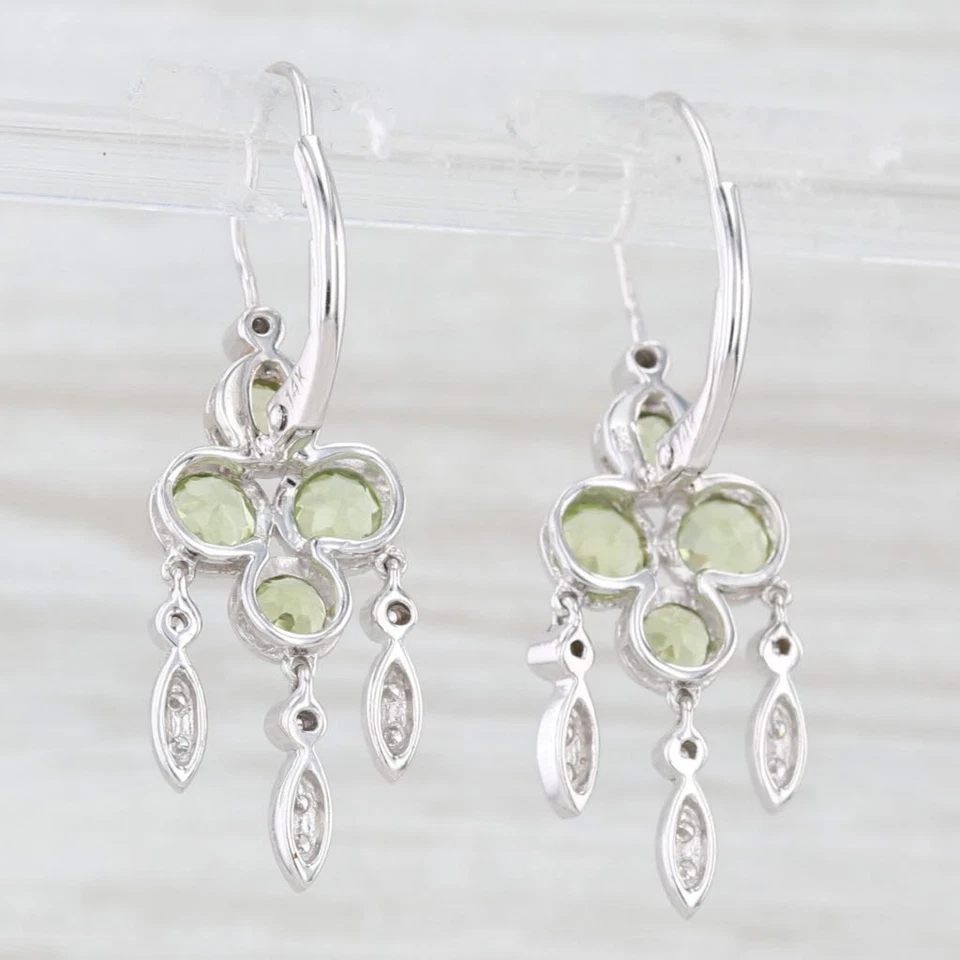 1.95ctw Green Peridot Diamond Dangle Earrings 14k White Gold Lever Backs - Image 3 of 4