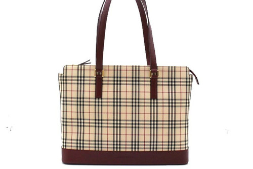 BURBERRY Nova Check Tote Bag Beige / Bordeaux Canvas / Leather Women's #DB697