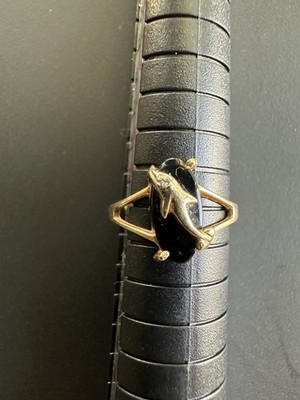 10K Gelbgold Schwarz Onyx Delphin Ring mit Diamant Auge Gr. 5,75 Signiert SPL