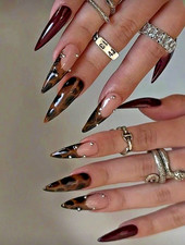 24pcs Long Brown Leopard Print French Manicure w/ Silver Studs-Press-On Nails