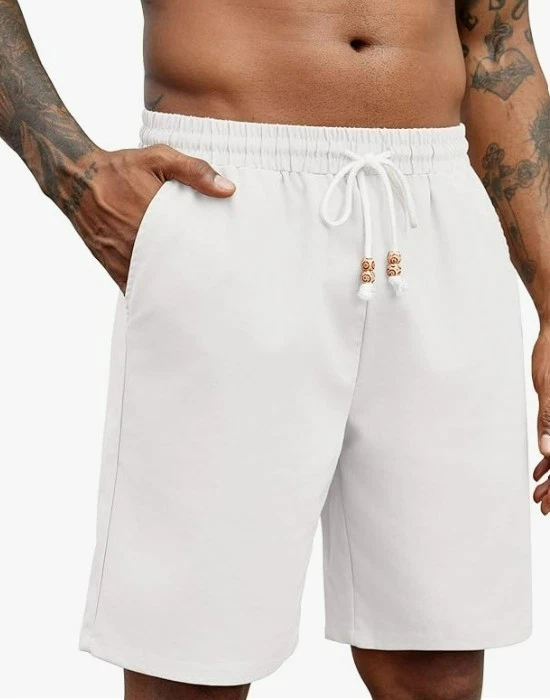 COOFANDY Men's Linen Shorts White Size S | Drawstring Waist Beach Casual