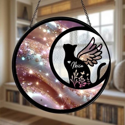 Personalized Cat Memorial Glass Suncatcher, Custom Name Cat Silhouette Gift