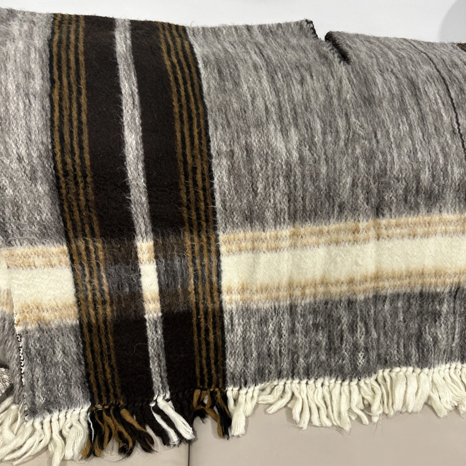 100% Wool Merino Poncho Serape Gray Brown Stripe Fringe 43”x28”