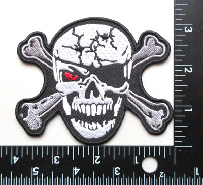  PIRATE WITH RED EYE SKULL AND CROSSBONES EMBROIDERED IRON ON PATCH