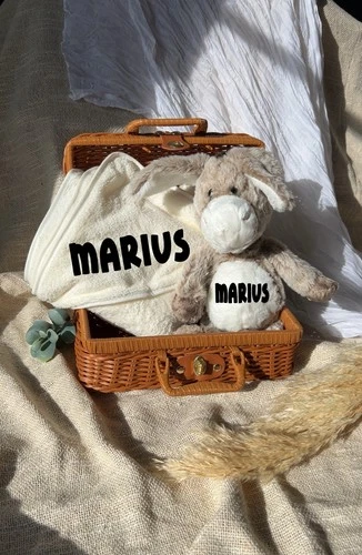 Personalisierte Geschenkbox zur Geburt – Koffer mit Handtuch & Kuscheltier Esel