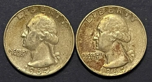 2 Washington Quarters. Both 1964-P. 90% Silver. Maybe VF Or Better Condition.