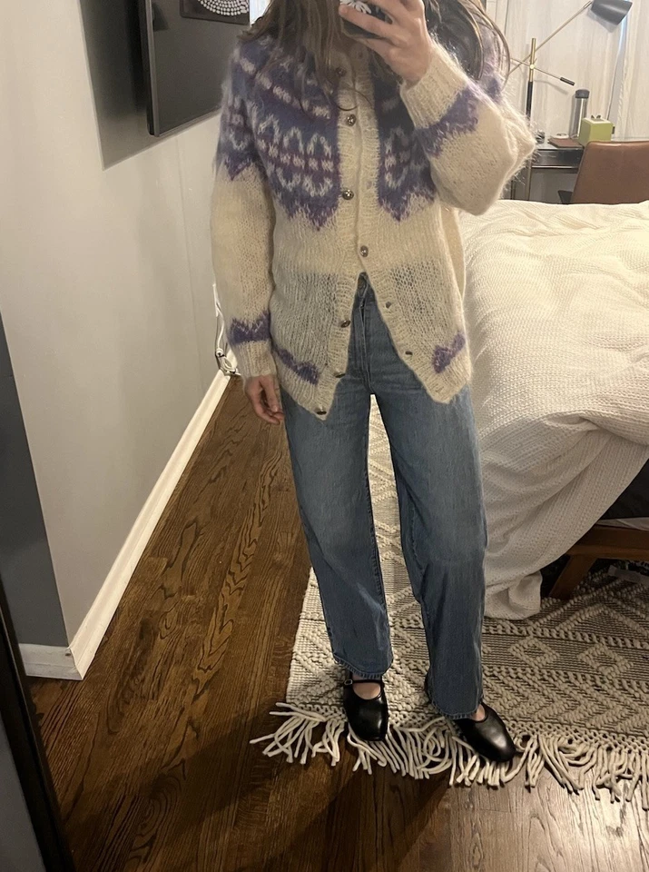 Icelandic Design Womens Cream Fair Isle Handknit Mohair Cardigan Sweater S - Image 4 of 4