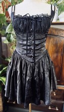 M L Whimsigoth Black Corset Tiered Skirt Lace Demi Bustier Velvet Strappy Dress