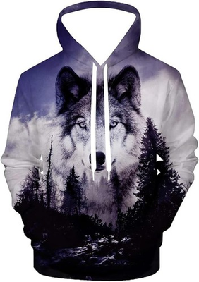 #ad 3D Wolf in Forest Hoodie Night Sky Animal Print Unisex Streetwear Pullover $36.95