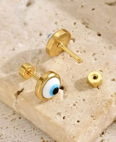 Pendientes De Botón Hipoalergénicos Ojo Turco Acero Inoxidable Chapado Oro 18k - Imagen 4 de 5