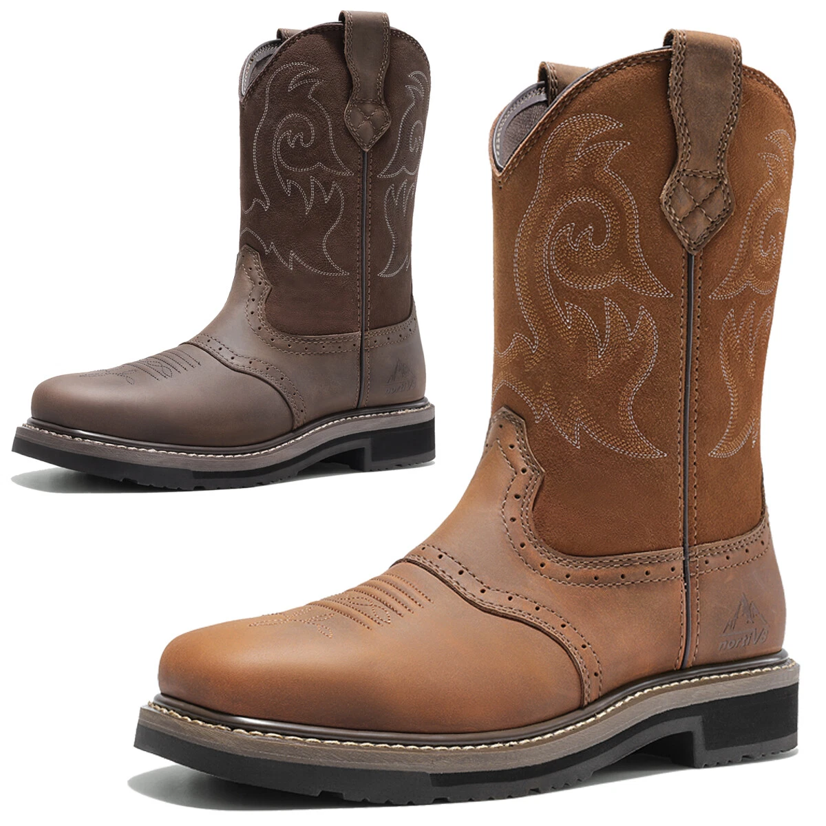 Men Steel Toe Boots Western Boots Square Toe Mid Calf Leather Farming Work Boots