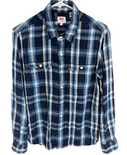 Levis Shirt Mens Medium Blue Plaid Long Sleeve Pockets Western Cowboy
