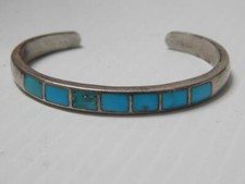 VINTAGE SOLID NAVAJO INDIAN INGOT STERLING SILVER TURQUOISE INLAY BRACELET