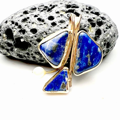 Large Handmade Natural Lapis Lazuli and Pearl Pendant Solid 10K Yellow Gold - Picture 10 of 10