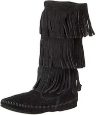 Minnetonka Moccasin 3-Layer Fringe Boots for Ladies / Black/ Size 6 M